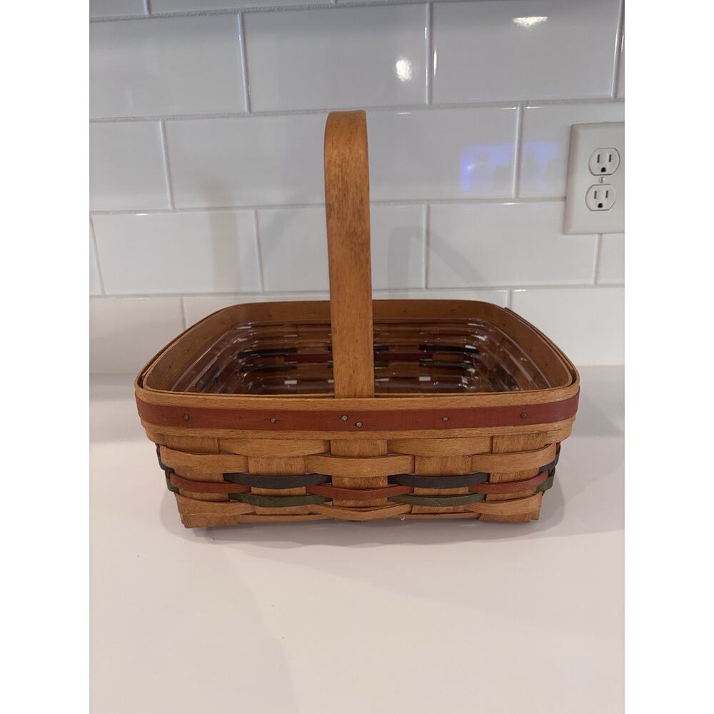 1990 LONGABERGER Square Basket Stationary Handle Blue Green Red Bands 12" - Picture 3 of 8